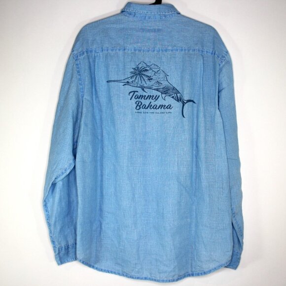 Tommy Bahama Mens Large Linen Big Print Spell Out Button Up Shirt F1235 - Picture 1 of 6